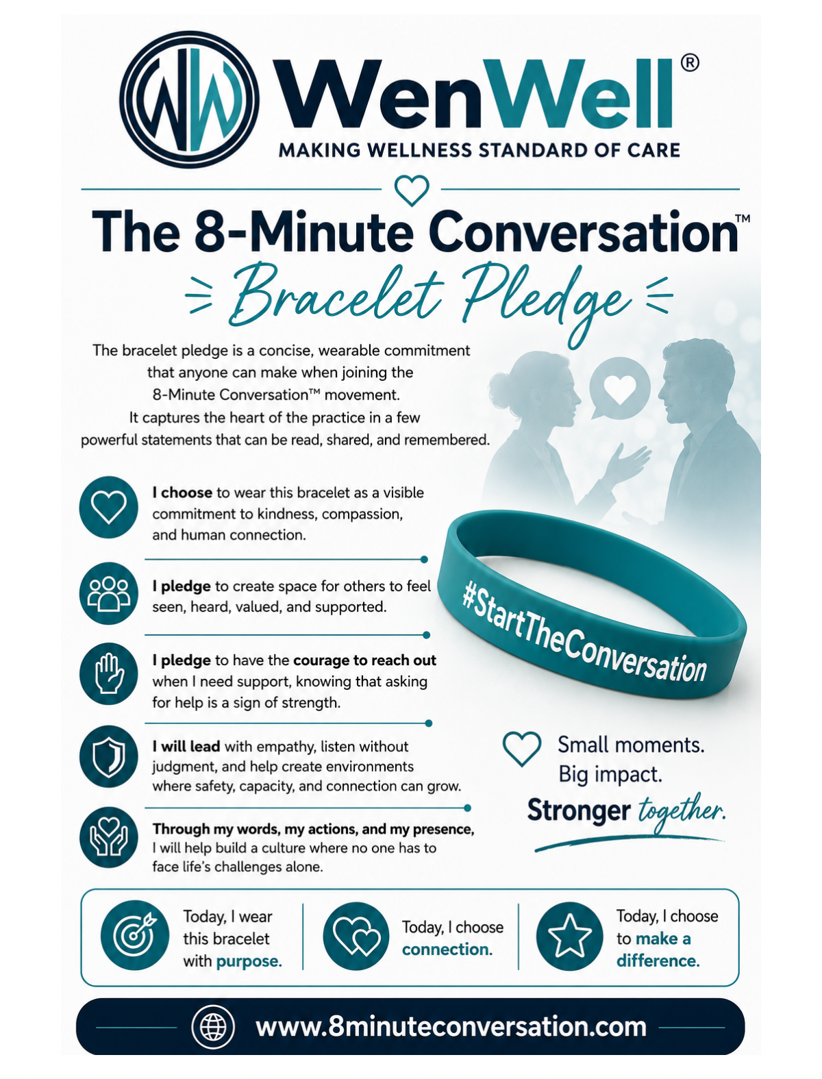 The 8-Minute Conversation™ Bracelet Pledge: I choose to wear this bracelet as a visible commitment to kindness, compassion, and human connection. I pledge to create space for others to feel seen, heard, valued, and supported. I pledge to have the courage to reach out when I need support. I will lead with empathy and listen without judgment. Through my words, actions, and presence, I will help build a culture where no one has to face life's challenges alone.