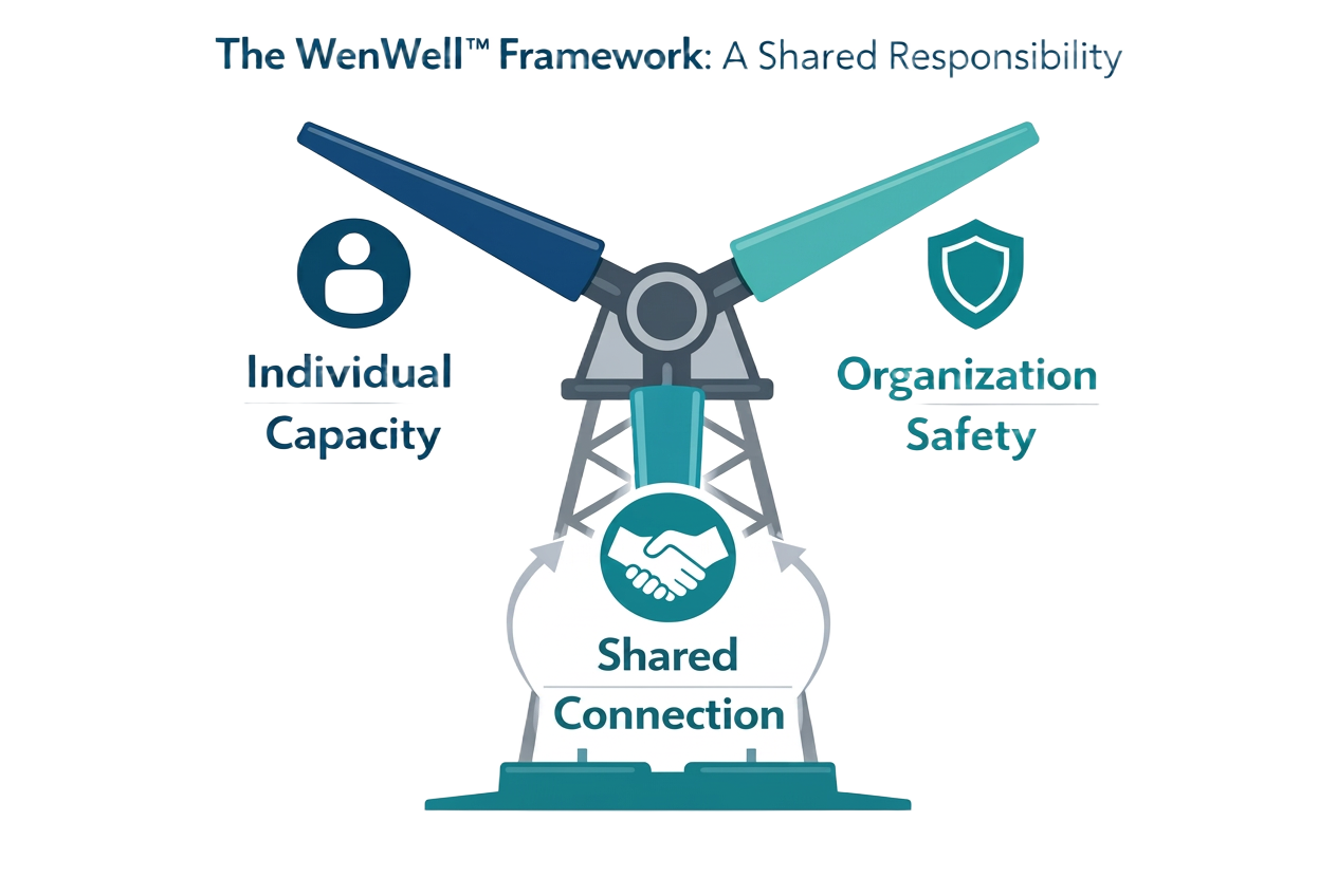 The WenWell Framework diagram showing Individual Capacity, Organization Safety, and Shared Connection as a shared responsibility