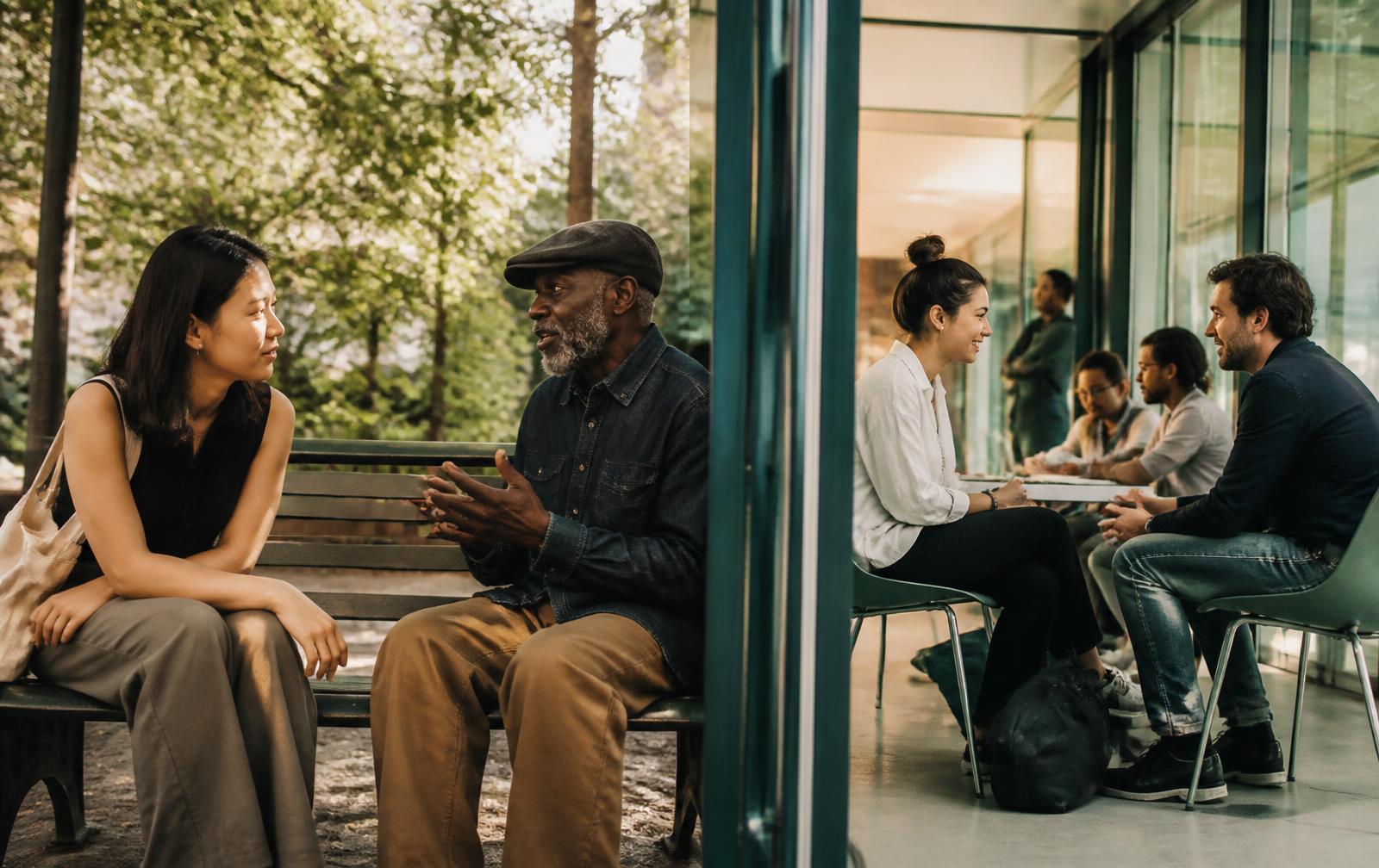 People of different ages and backgrounds having genuine conversations